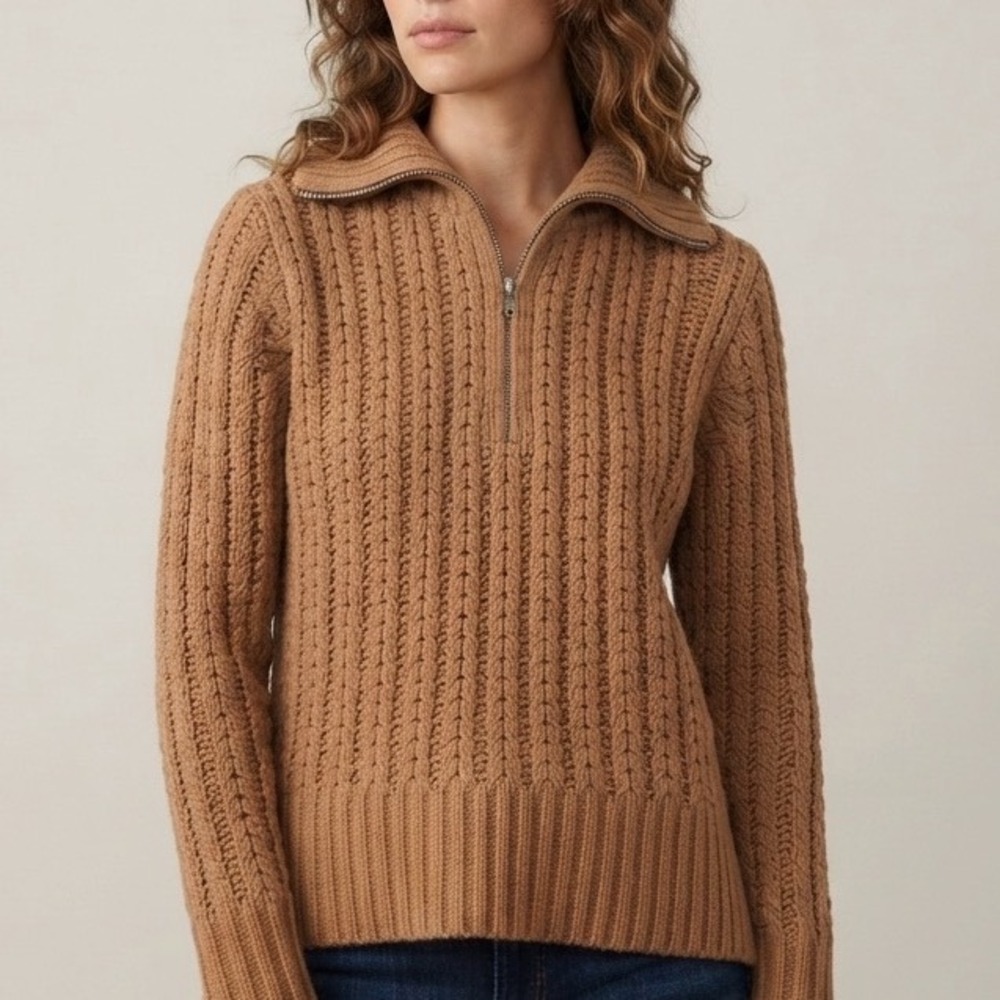 Aerie‎ Womens XXS Caramel Brown Chenille Cable Knit Quarter Zip Sweater Pullover